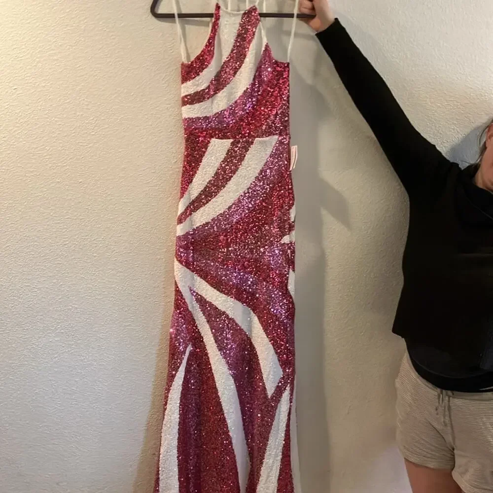 B.Darlin Prom Gown formal Junior's‎ Maxi Sequin Slim Dress Pink White size 3/4